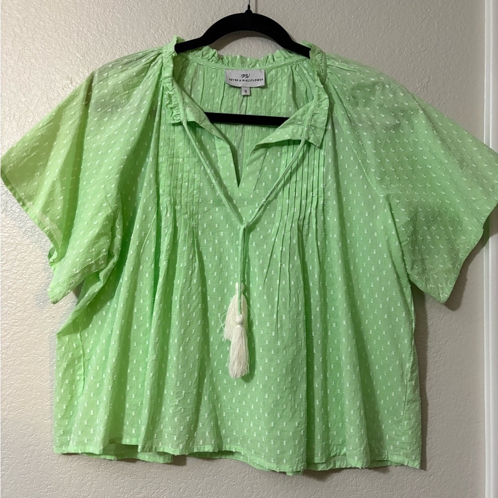 Never A Wallflower Mint Green‎ Boxy Swiss Dot Blouse with Polo Collar and Tassel